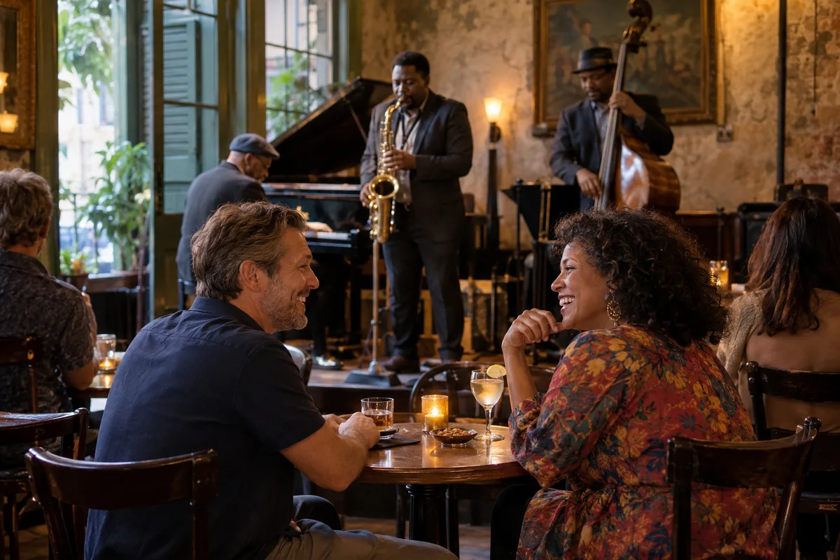 One adult man and one adult woman listening to a jazz trio in a small New Orleans music room, saxophonist clearly on stage behind them