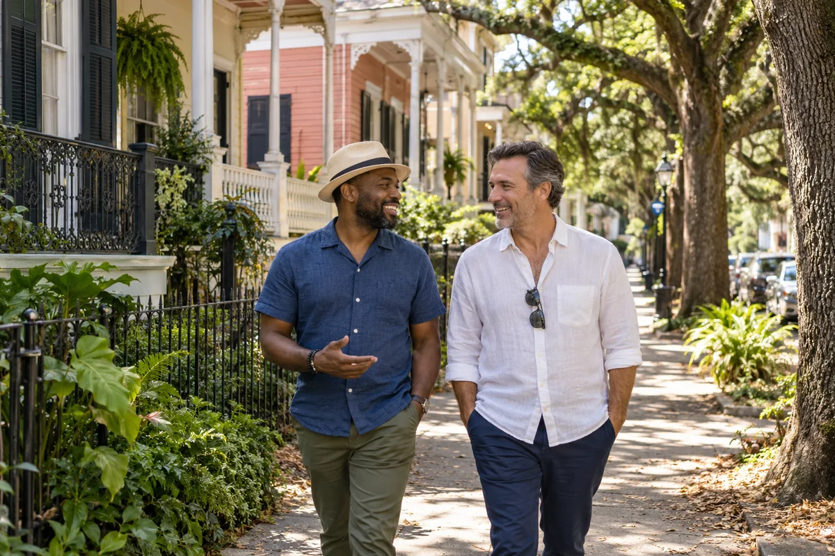 Two adult men walking as friends along a shaded New Orleans residential street, live oaks and colorful raised houses
